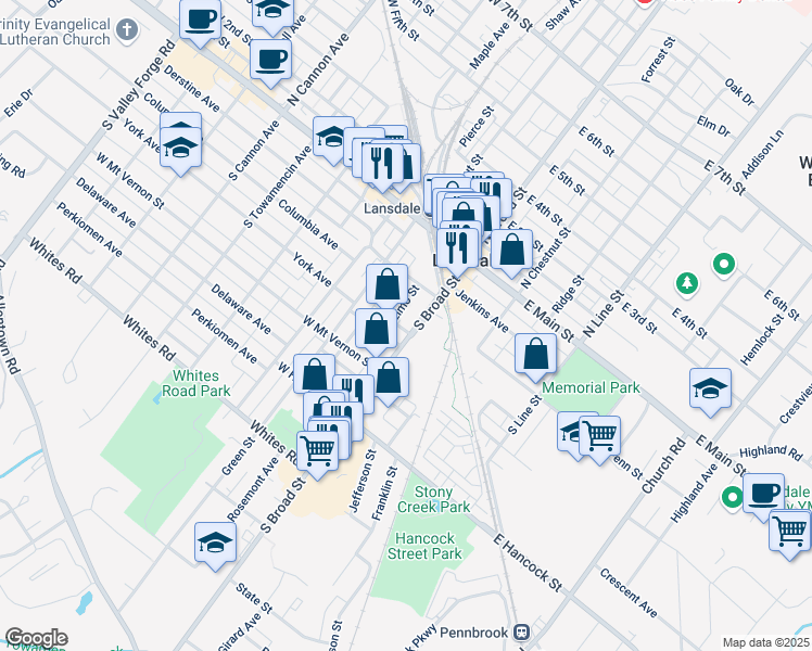 map of restaurants, bars, coffee shops, grocery stores, and more near 142 South Broad Street in Lansdale