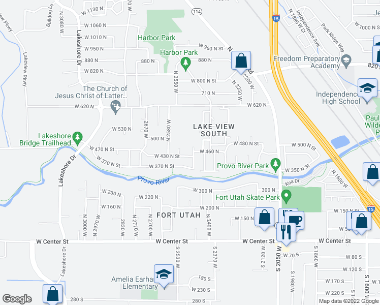 map of restaurants, bars, coffee shops, grocery stores, and more near 2478 West 430 North Street in Provo