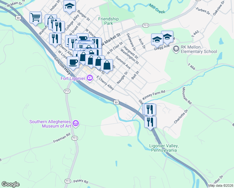 map of restaurants, bars, coffee shops, grocery stores, and more near 319 East Loyalhanna Street in Ligonier