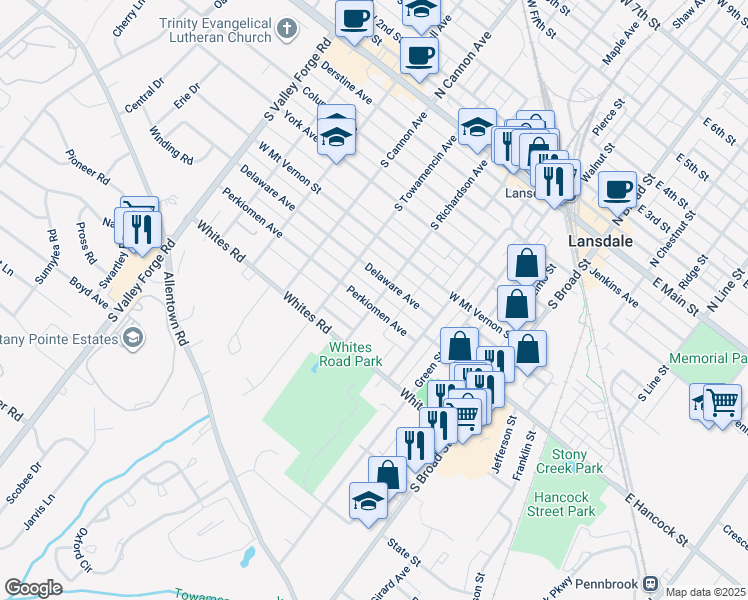 map of restaurants, bars, coffee shops, grocery stores, and more near 401 Perkiomen Avenue in Lansdale