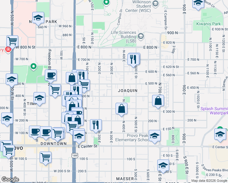 map of restaurants, bars, coffee shops, grocery stores, and more near 440 North 300 East in Provo