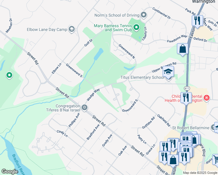 map of restaurants, bars, coffee shops, grocery stores, and more near 2492 Greensward South in Warrington