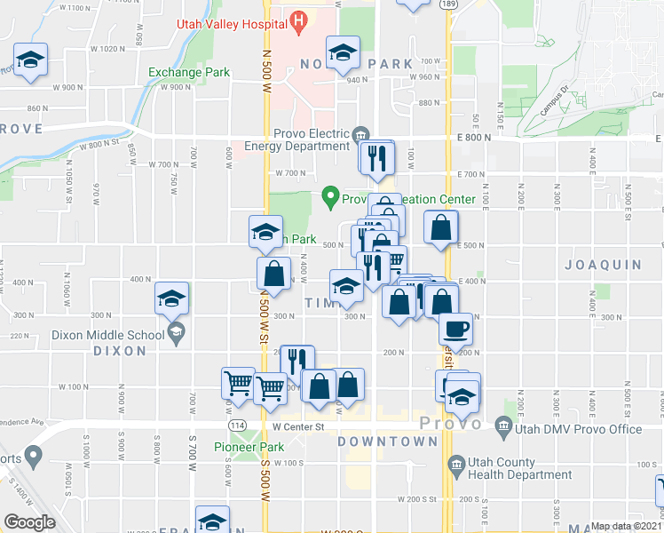 map of restaurants, bars, coffee shops, grocery stores, and more near 433 North 300 West in Provo