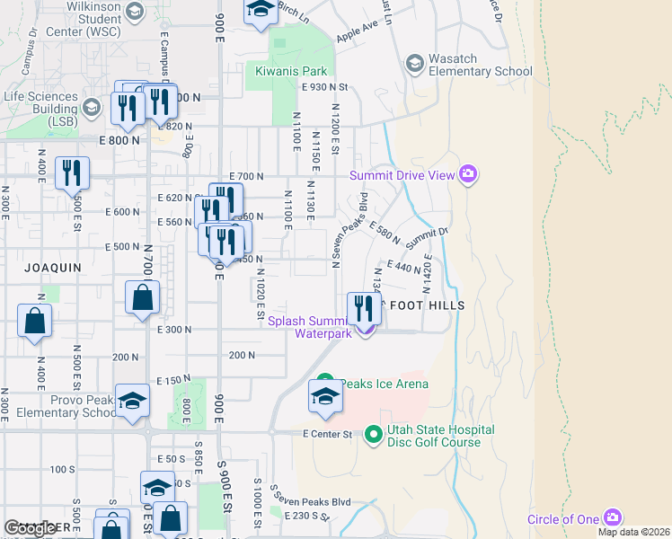 map of restaurants, bars, coffee shops, grocery stores, and more near 434 North 7 Peaks Boulevard in Provo