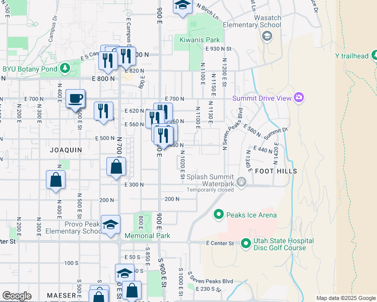 map of restaurants, bars, coffee shops, grocery stores, and more near 380 North 1020 East Street in Provo