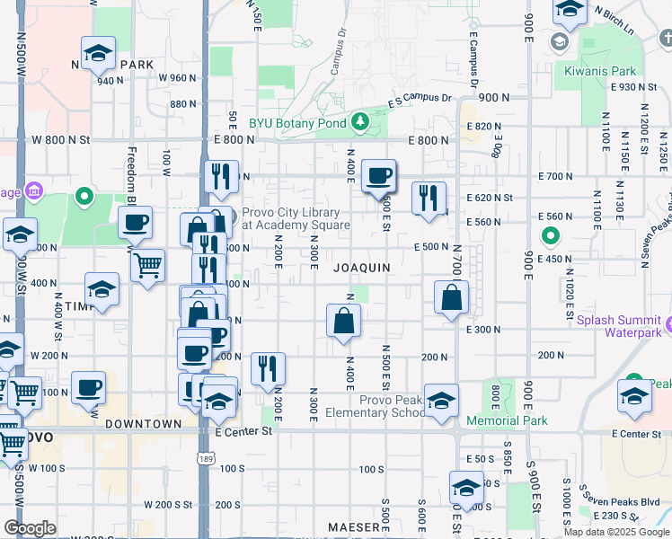 map of restaurants, bars, coffee shops, grocery stores, and more near 353 East 400 North in Provo