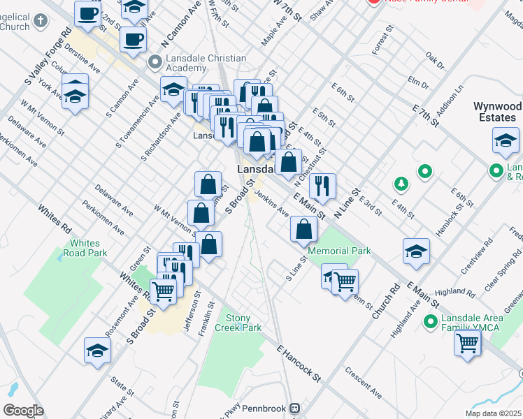 map of restaurants, bars, coffee shops, grocery stores, and more near 200 South Chestnut Street in Lansdale