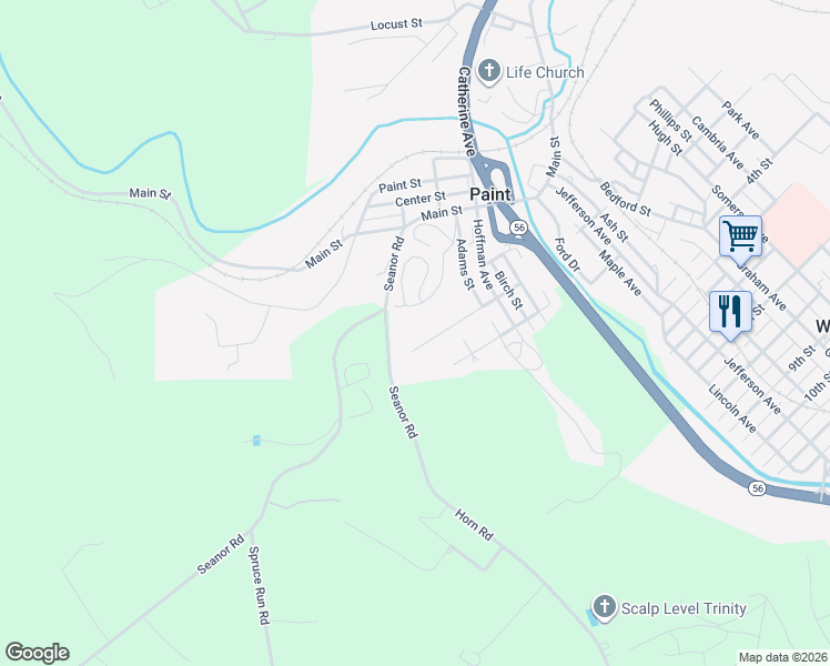 map of restaurants, bars, coffee shops, grocery stores, and more near 23 Horn Road in Windber