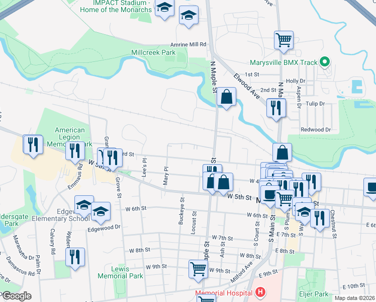 map of restaurants, bars, coffee shops, grocery stores, and more near 599 West 3rd Street in Marysville