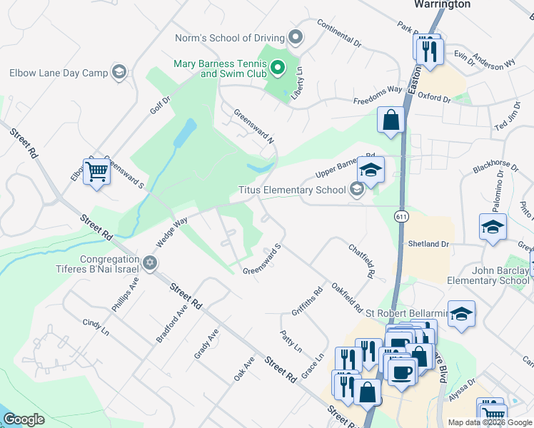map of restaurants, bars, coffee shops, grocery stores, and more near 2385 Greensward North in Warrington