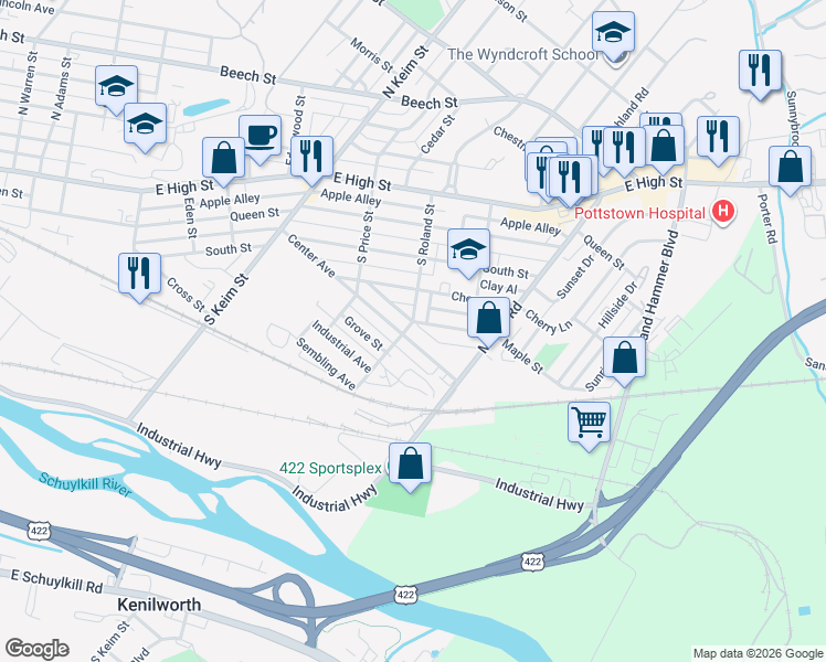 map of restaurants, bars, coffee shops, grocery stores, and more near 1228 Center Avenue in Pottstown