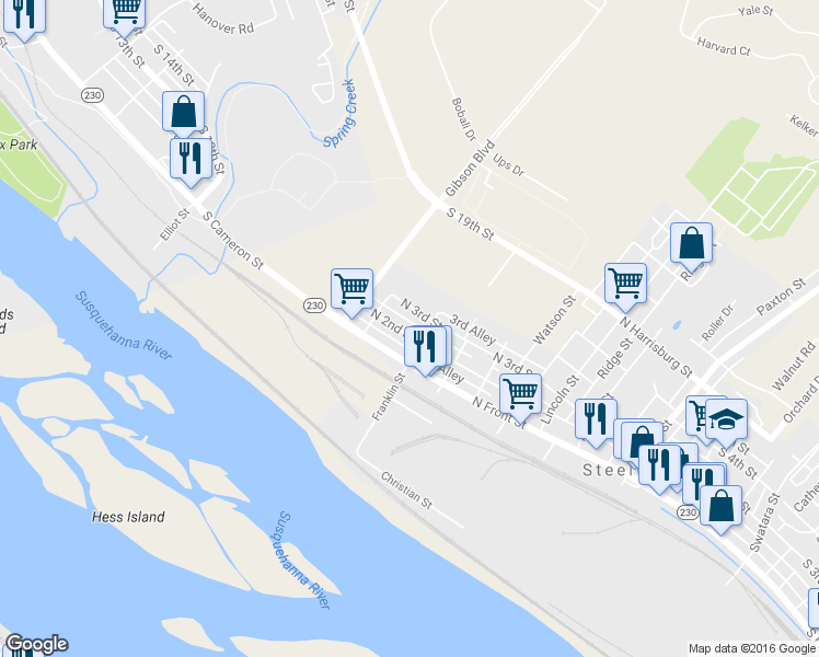 map of restaurants, bars, coffee shops, grocery stores, and more near 721 North 2nd Street in Steelton