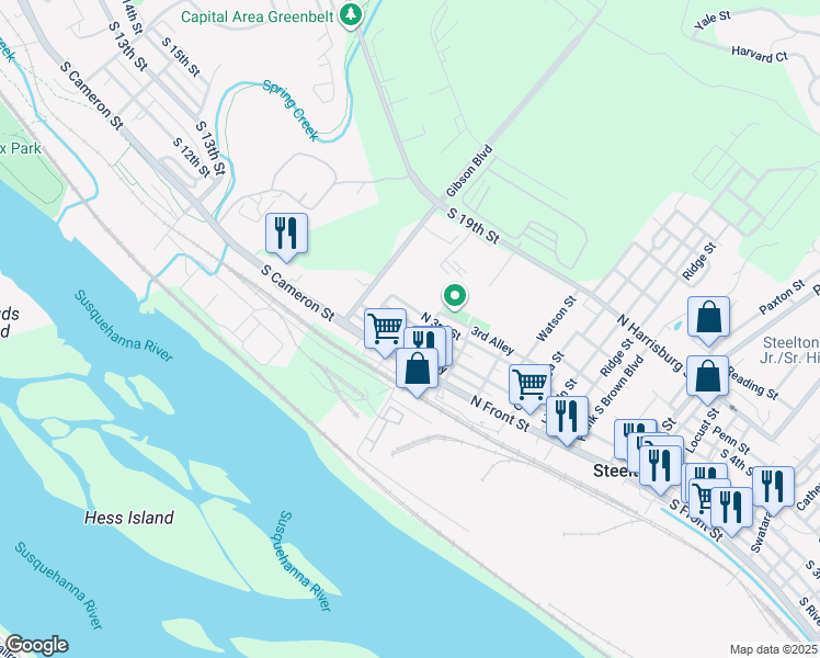 map of restaurants, bars, coffee shops, grocery stores, and more near 721 North 2nd Street in Steelton
