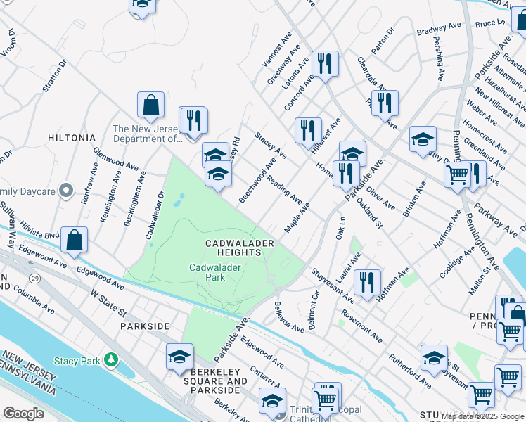 map of restaurants, bars, coffee shops, grocery stores, and more near 33 Hillcrest Avenue in Trenton