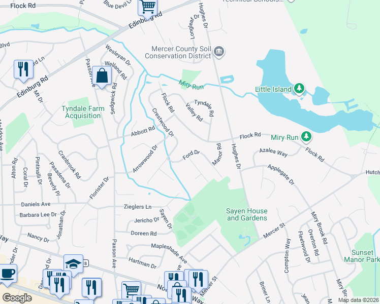 map of restaurants, bars, coffee shops, grocery stores, and more near 1 Percy West Drive in Hamilton Township