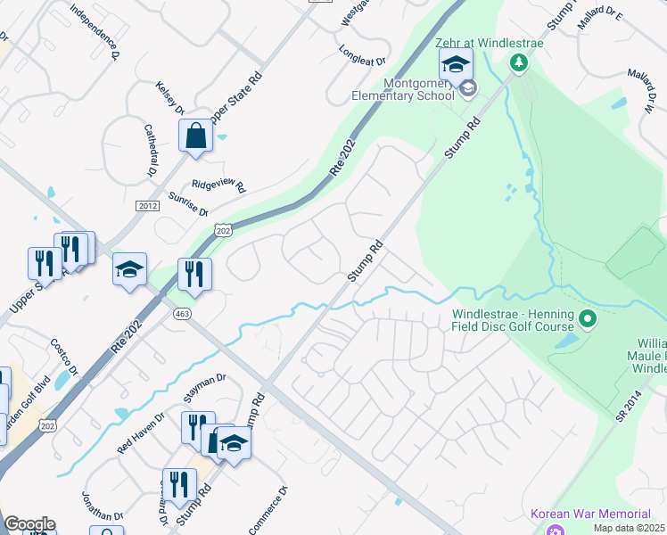 map of restaurants, bars, coffee shops, grocery stores, and more near 79 Blue Ribbon Drive in North Wales