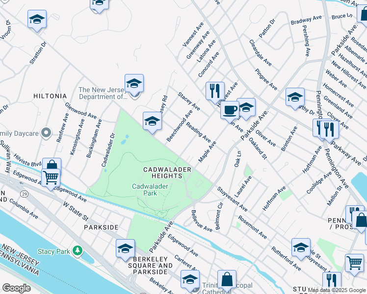 map of restaurants, bars, coffee shops, grocery stores, and more near 33 Hillcrest Avenue in Trenton