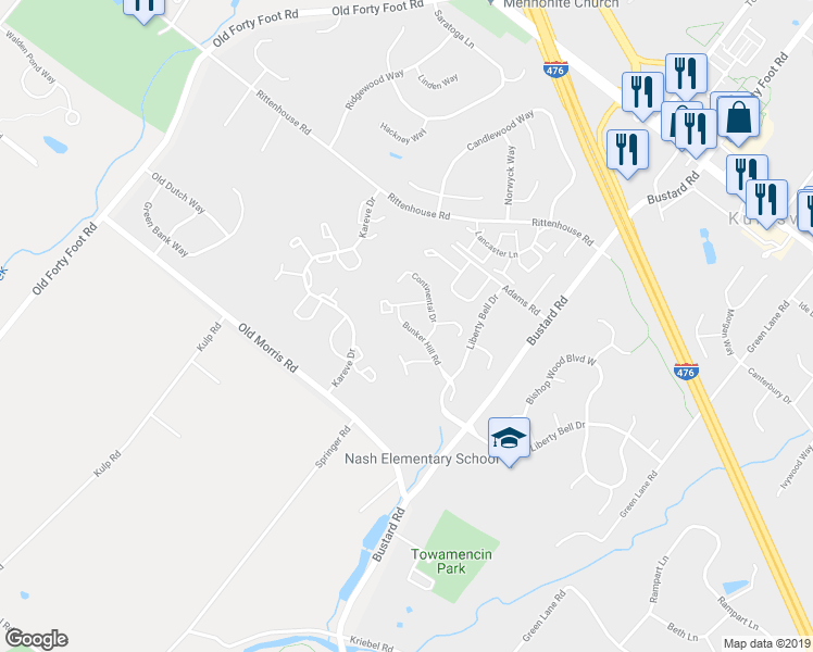 map of restaurants, bars, coffee shops, grocery stores, and more near 402 Bunker Hill Road in Harleysville