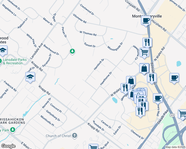 map of restaurants, bars, coffee shops, grocery stores, and more near 123 Hemlock Drive in North Wales