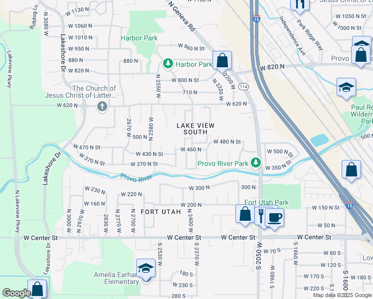 map of restaurants, bars, coffee shops, grocery stores, and more near 498 North 2420 West Street in Provo