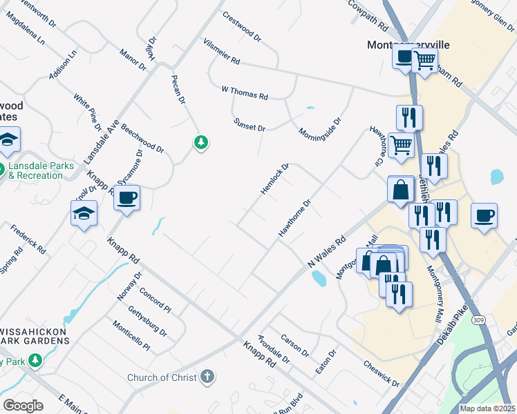 map of restaurants, bars, coffee shops, grocery stores, and more near 123 Hemlock Drive in North Wales