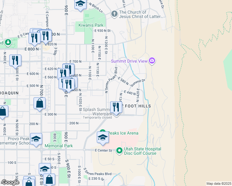 map of restaurants, bars, coffee shops, grocery stores, and more near 387 Belmont Place in Provo
