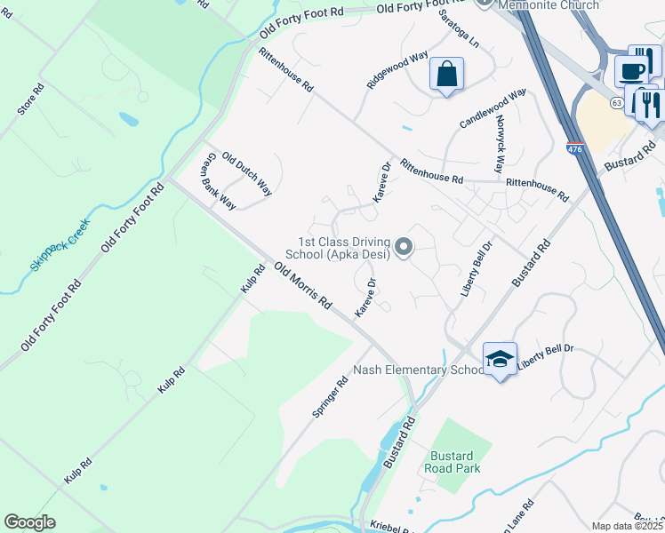 map of restaurants, bars, coffee shops, grocery stores, and more near 600 Harrington Court in Harleysville