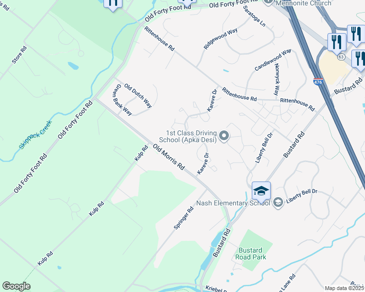 map of restaurants, bars, coffee shops, grocery stores, and more near 596 Harrington Court in Harleysville