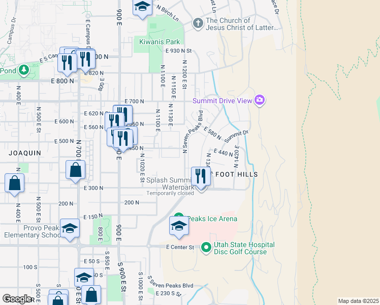 map of restaurants, bars, coffee shops, grocery stores, and more near 392 North Seven Peaks Boulevard in Provo