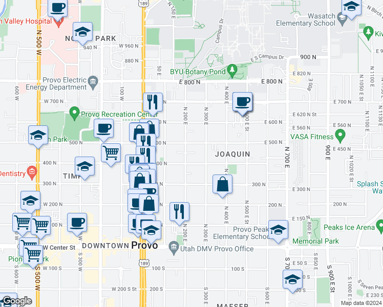 map of restaurants, bars, coffee shops, grocery stores, and more near 260 East 400 North in Provo