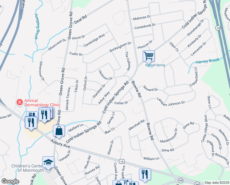 map of restaurants, bars, coffee shops, grocery stores, and more near 3 Shirley Ann Drive in Monmouth County