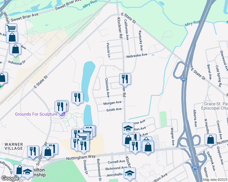 map of restaurants, bars, coffee shops, grocery stores, and more near 77 Magowan Avenue in Hamilton Township