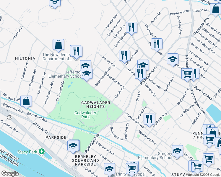 map of restaurants, bars, coffee shops, grocery stores, and more near 1060 Stuyvesant Avenue in Trenton