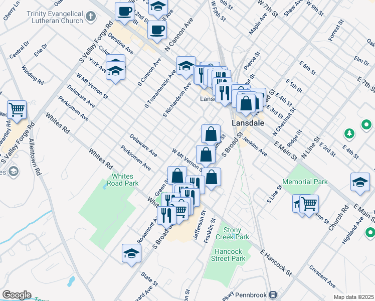 map of restaurants, bars, coffee shops, grocery stores, and more near 210 Green Street in Lansdale