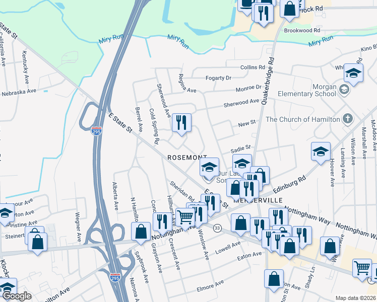 map of restaurants, bars, coffee shops, grocery stores, and more near 5 Hollynoll Drive in Hamilton Township