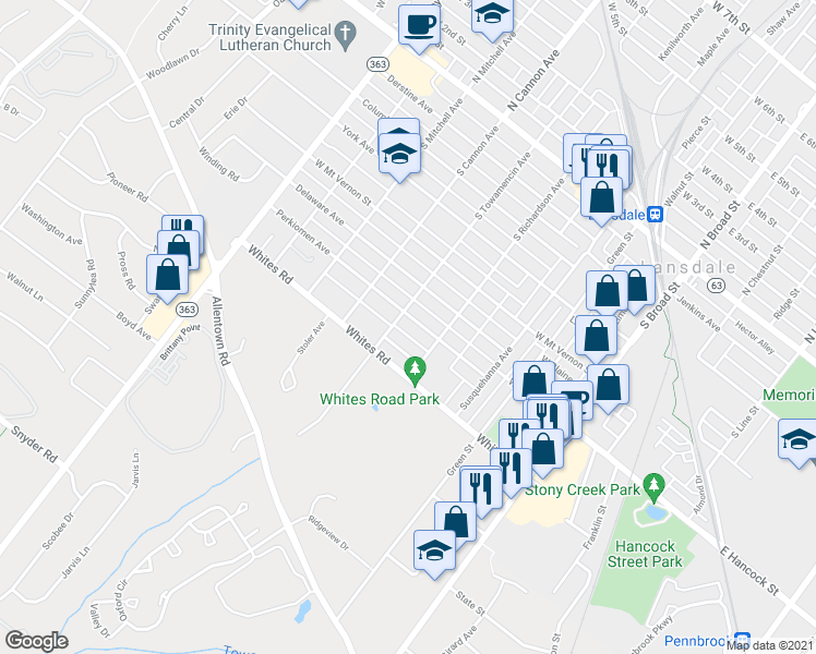 map of restaurants, bars, coffee shops, grocery stores, and more near 426 Perkiomen Avenue in Lansdale