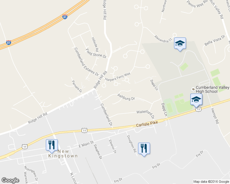 map of restaurants, bars, coffee shops, grocery stores, and more near 32 Ashburg Drive in Mechanicsburg