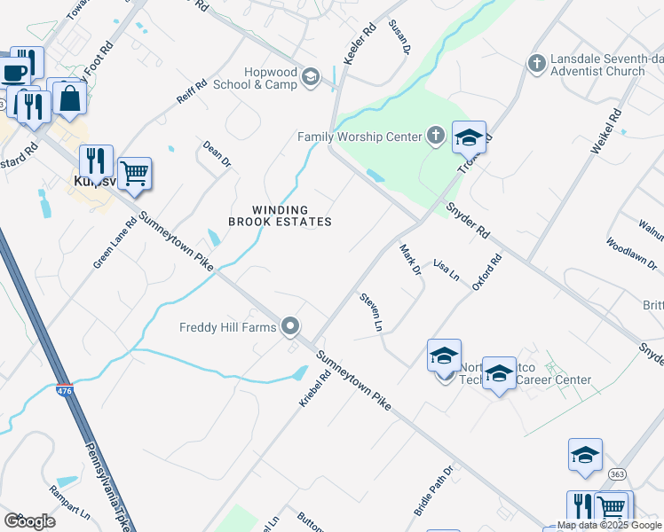 map of restaurants, bars, coffee shops, grocery stores, and more near 114 Madison Way in Lansdale