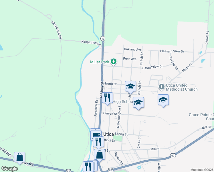 map of restaurants, bars, coffee shops, grocery stores, and more near 409 North Main Street in Utica