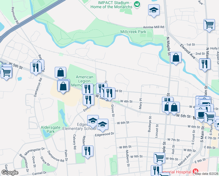 map of restaurants, bars, coffee shops, grocery stores, and more near 50 Grand Avenue in Marysville