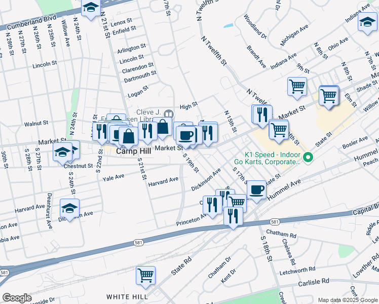 map of restaurants, bars, coffee shops, grocery stores, and more near 1900 Chestnut Street in Camp Hill