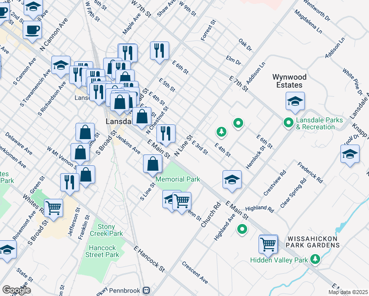 map of restaurants, bars, coffee shops, grocery stores, and more near 34 North Line Street in Lansdale