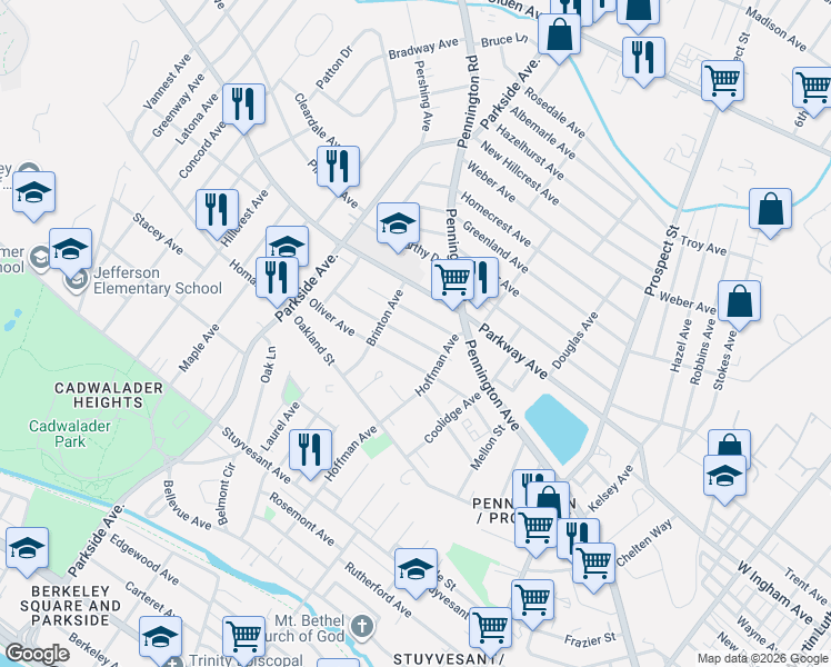 map of restaurants, bars, coffee shops, grocery stores, and more near 102 Brinton Avenue in Trenton