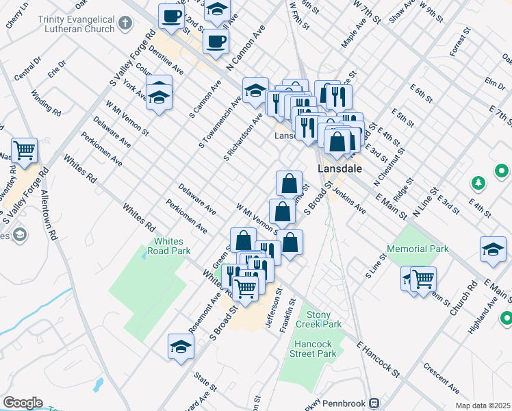map of restaurants, bars, coffee shops, grocery stores, and more near 210 Green Street in Lansdale