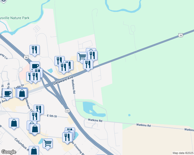 map of restaurants, bars, coffee shops, grocery stores, and more near 15461 U.S. 36 in Marysville