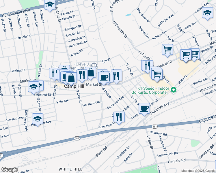 map of restaurants, bars, coffee shops, grocery stores, and more near 1822 Market Street in Camp Hill