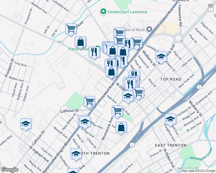 map of restaurants, bars, coffee shops, grocery stores, and more near 1443 North Olden Avenue in Ewing Township