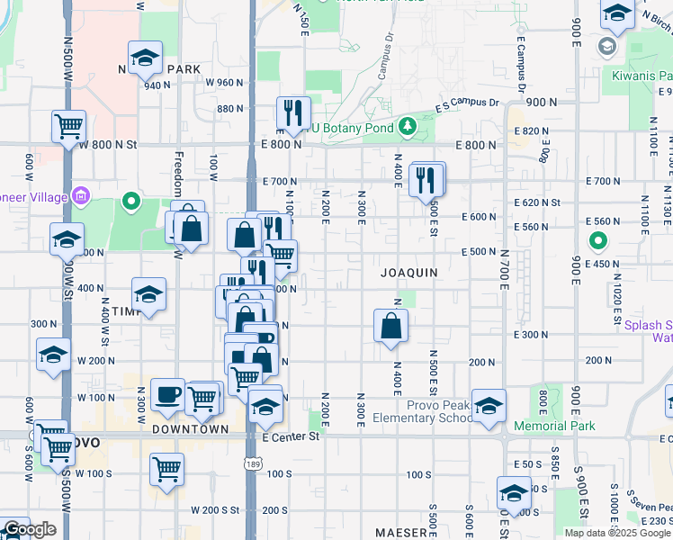 map of restaurants, bars, coffee shops, grocery stores, and more near 267 East 500 North in Provo