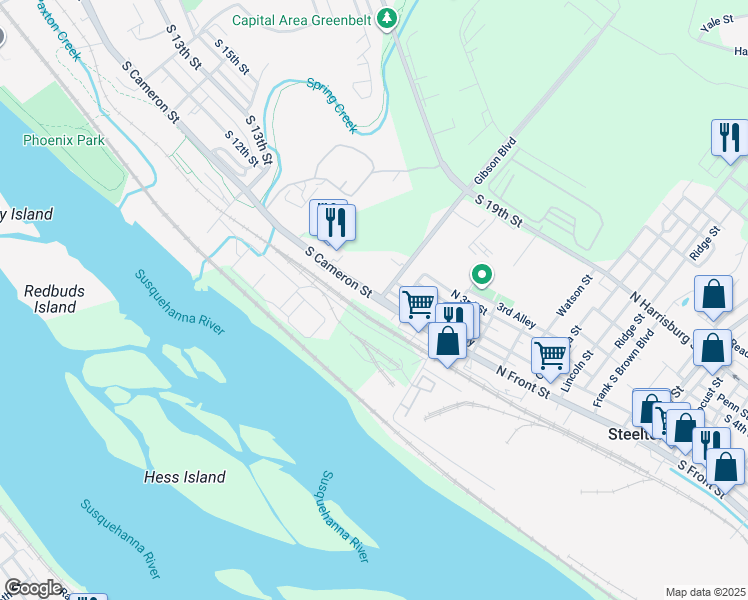 map of restaurants, bars, coffee shops, grocery stores, and more near 868 North Front Street in Steelton