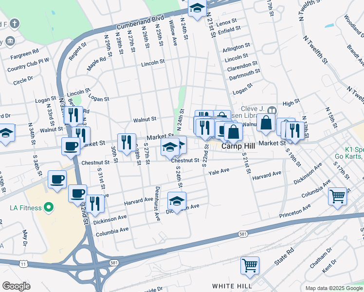 map of restaurants, bars, coffee shops, grocery stores, and more near 15 North 24th Street in Camp Hill